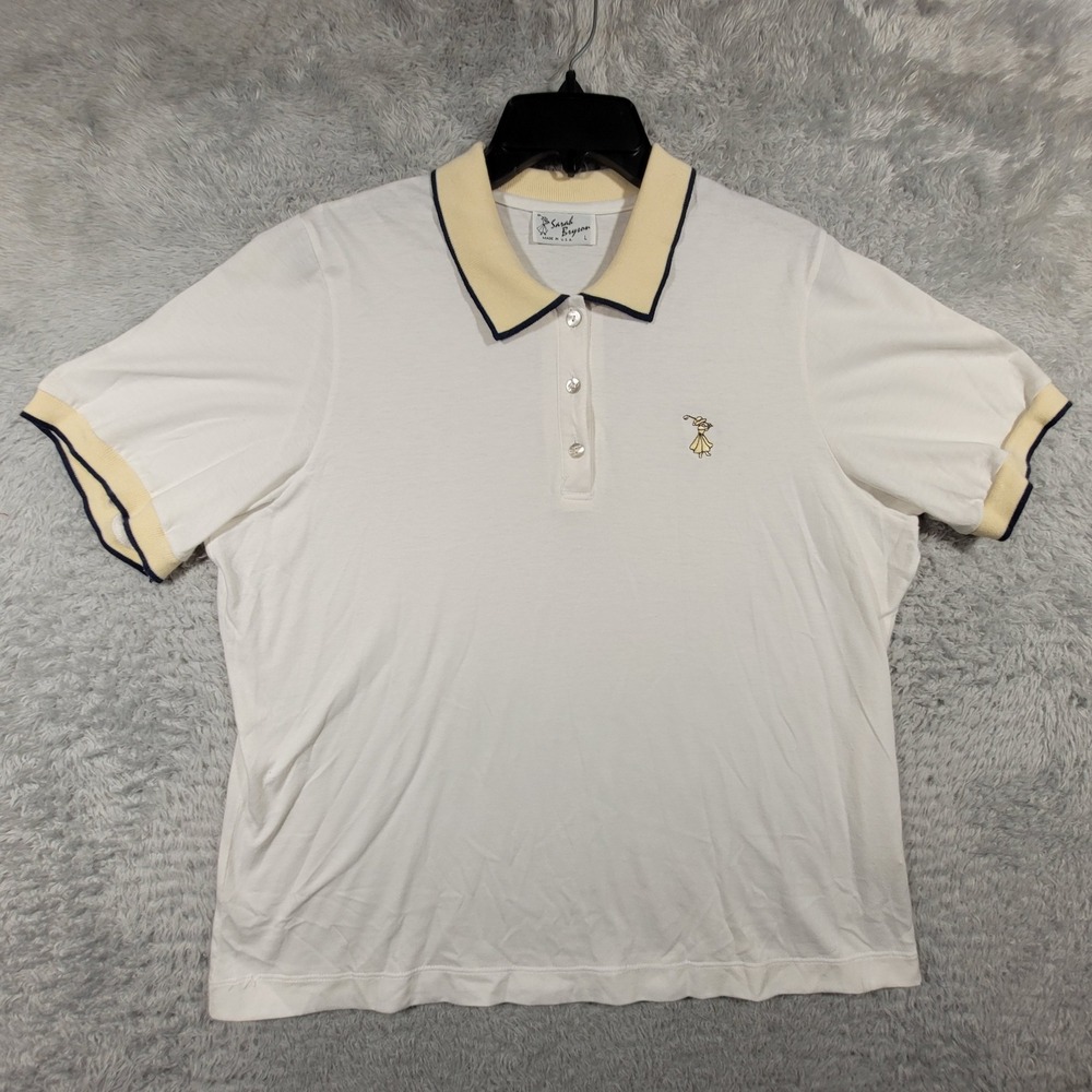 Sarah Bryson Golf Polo Shirt Womens Large White Yellow Navy Trim Embroidered USA